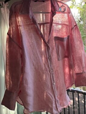 Zara Linen‎ Button Down Shirt Faded Red Size Large
